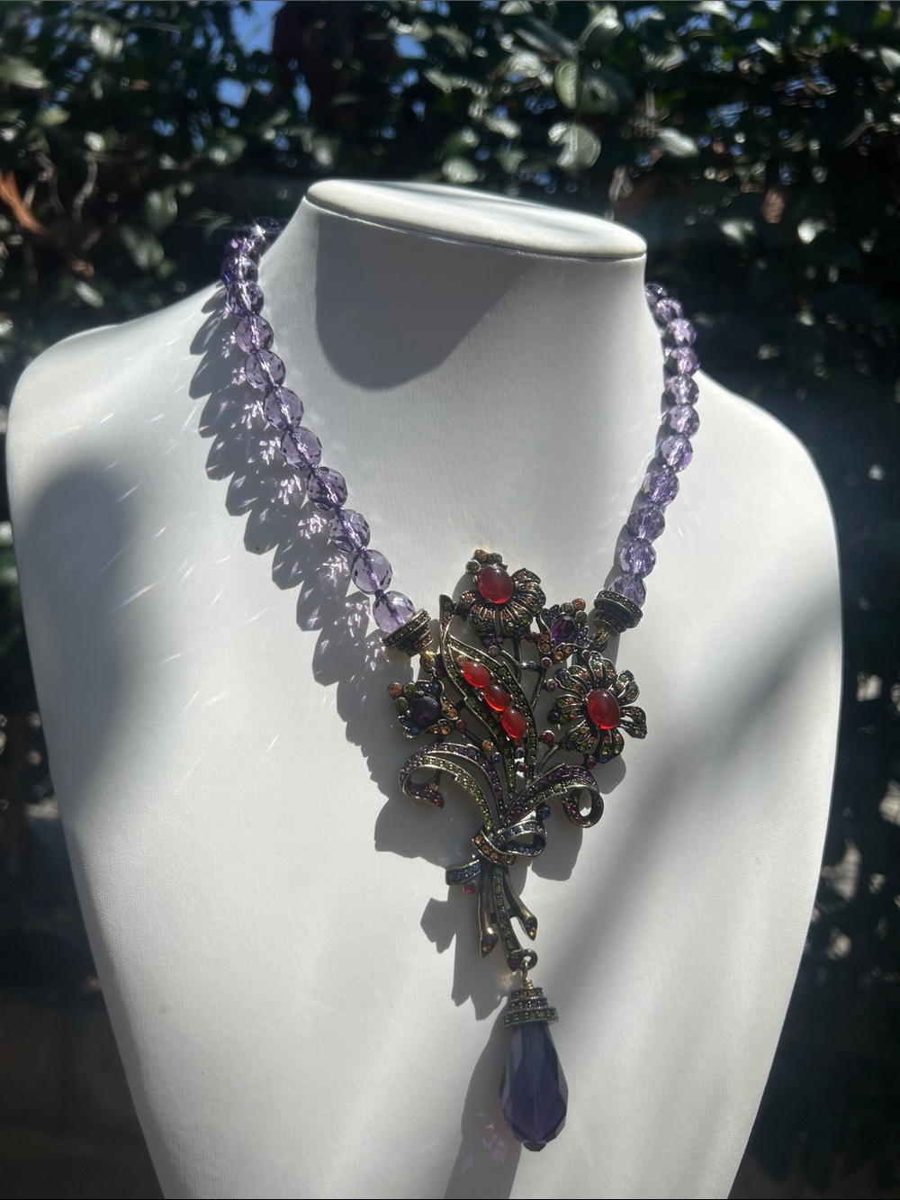Heidi Daus Purple Glass Carnelian Swarovski Crystals Floral Pendant Necklace